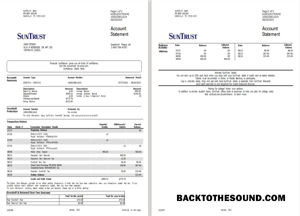Gerçekçi İndir ABD Suntrust Banka Hesap Hesap Özeti Word and PDF Şablon, 2 pages scr Örnek