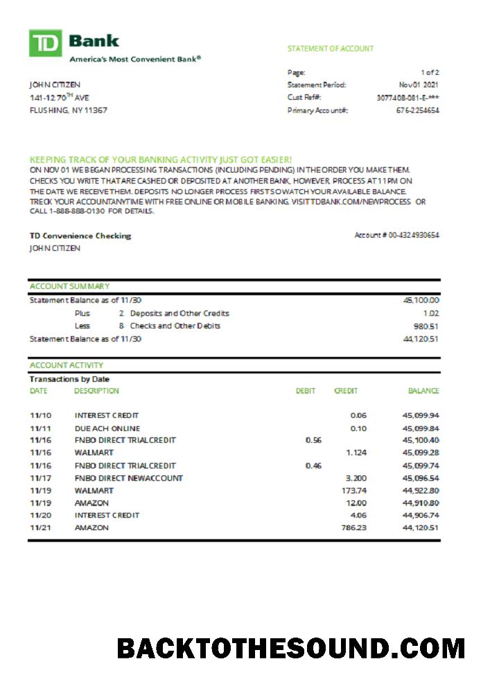 İndir ABD TD Banka Hesap Özeti in .XLS and .PDF Dosya Format Örnek taslak