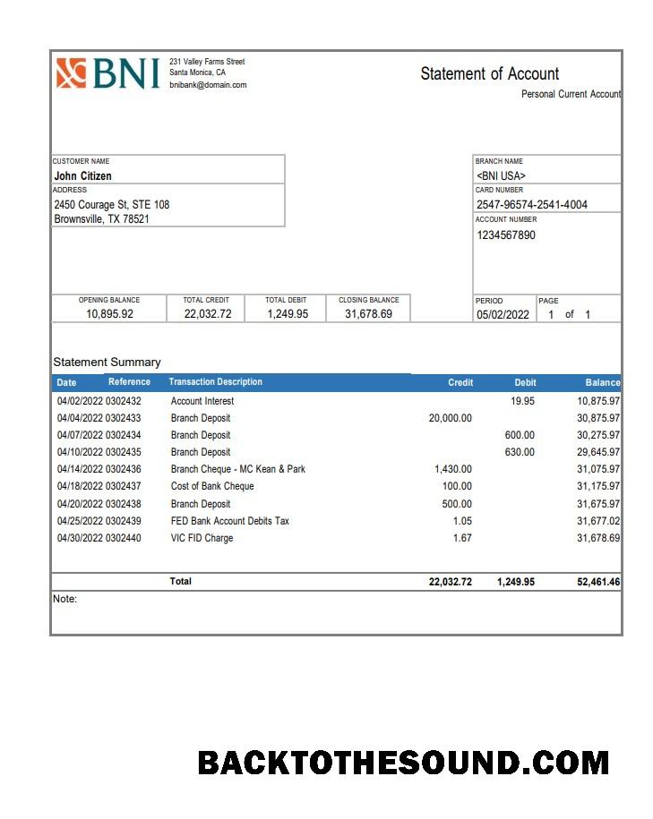 İndir ABD Texas BNI Banka Hesap Hesap Özeti Örnek ön izleme