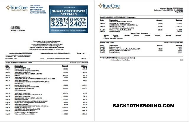 Profesyonel İndir ABD TrueCore Federal Kredi birlik Hesap Hesap Özeti Word and PDF Şablon, 2 pages Örnek