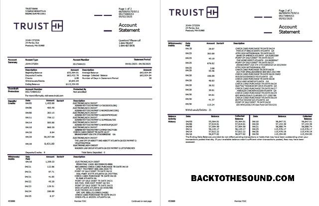 Gerçekçi İndir ABD Truist Banka Hesap Hesap Özeti Word and PDF Şablon, 2 pages Örnek