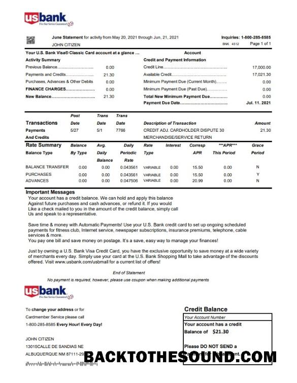 İndir ABD U.S. Banka Kredi Kart Hesap Özeti in Excel and PDF Dosya Format Örnek taslak