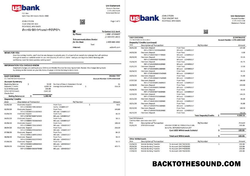 İndir ABD U.S. Banka Hesap Özeti 3 pages Örnek tasarım