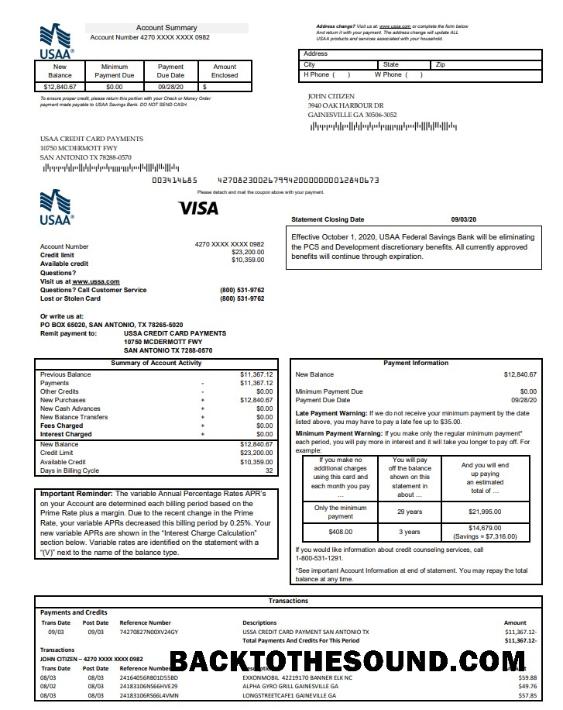 İndir ABD USAA Banka Kredi Kart Hesap Özeti Örnek tasarım