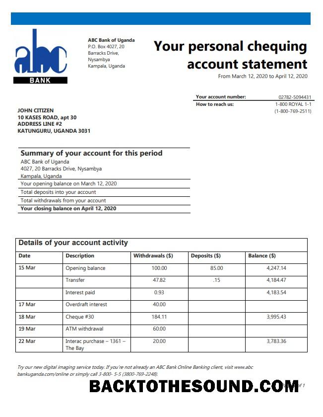 İndir Uganda ABC Banka of Uganda proof of address Banka Hesap Özeti in Word and PDF Format (.doc and .PDF) Örnek şablon