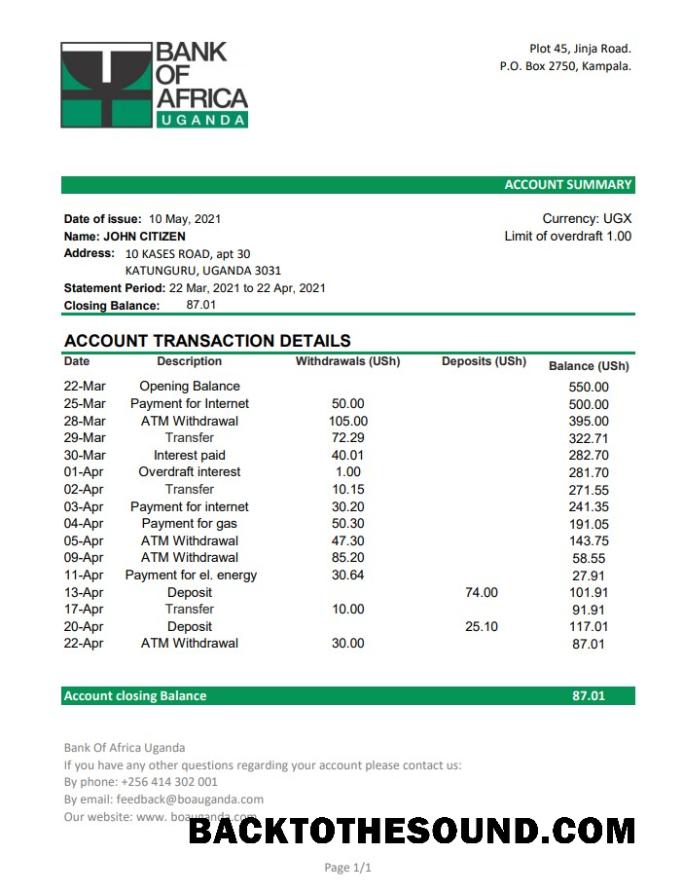 İndir Uganda Banka of Africa Excel PDF Örnek örnek