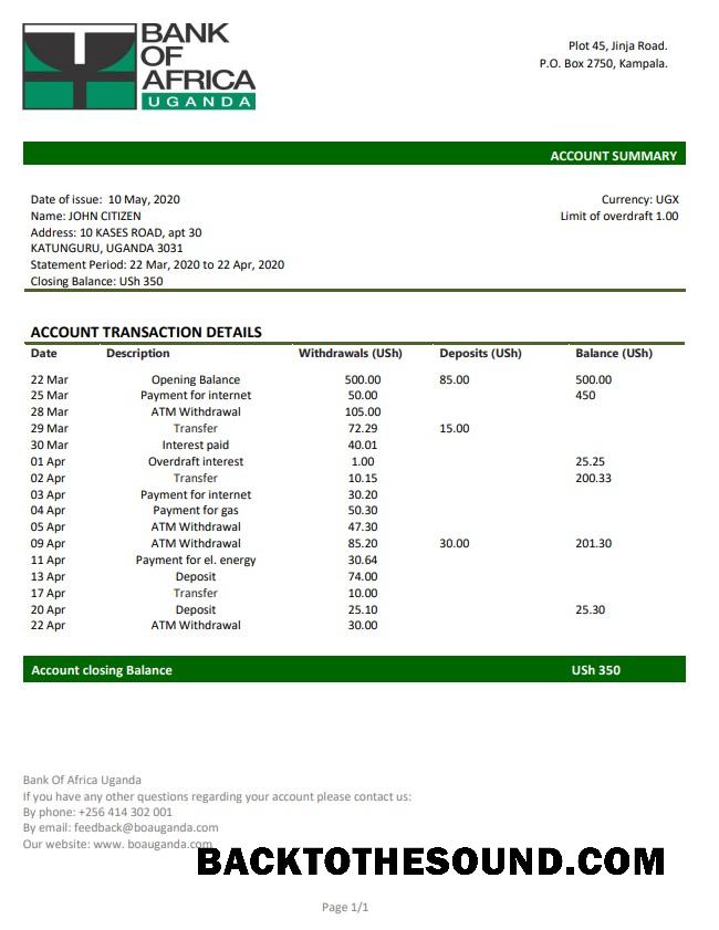 İndir Uganda Banka of Africa proof of address Banka Hesap Özeti in Word and PDF Format Örnek tasarım