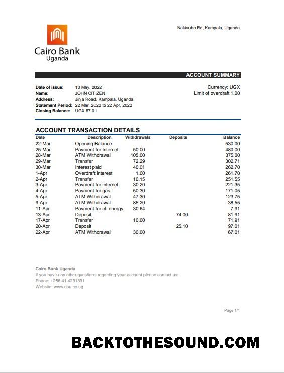 İndir Uganda Cairo Banka Hesap Özeti, Excel and PDF Örnek taslak