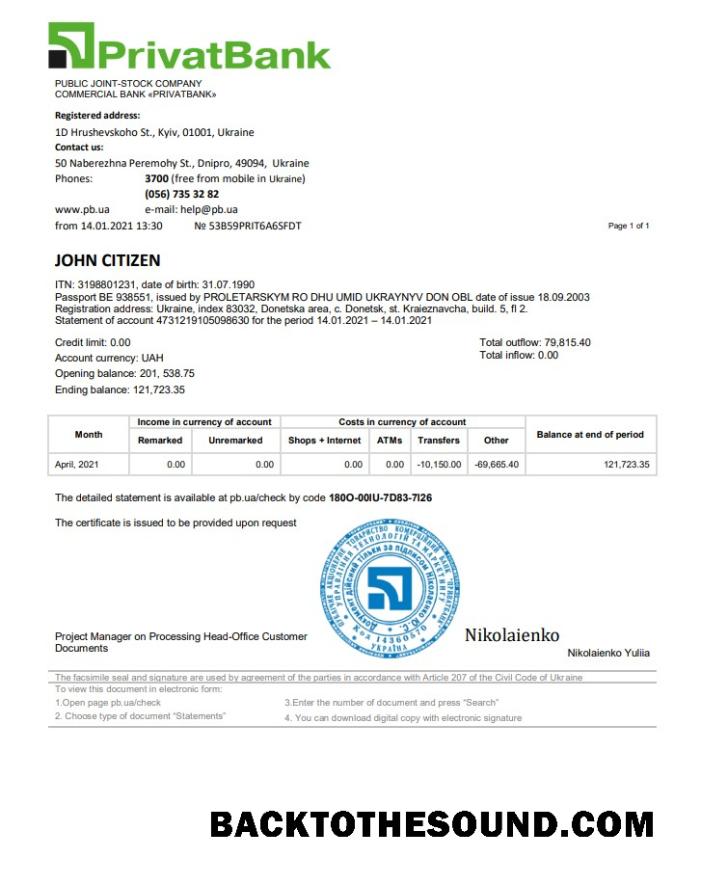 İndir Ukrayna Privatbank Banka Hesap Özeti in Word and PDF Format Örnek ön izleme