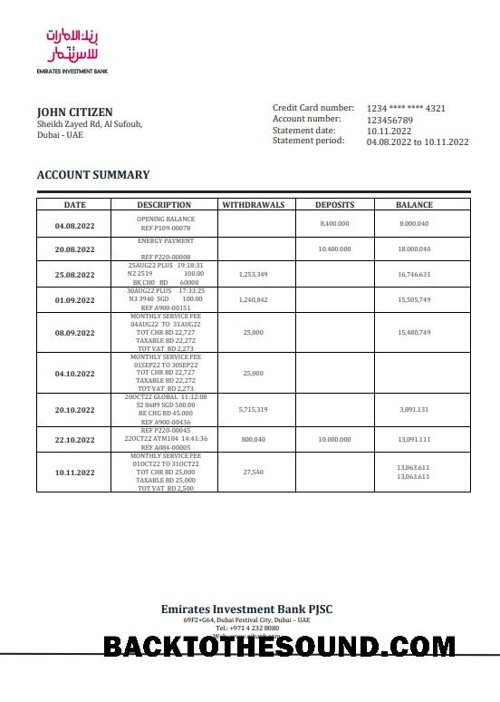 İndir Birleşik Arap Emirlikleri Yatırım Banka Hesap Özeti in Word and PDF Format Örnek şablon