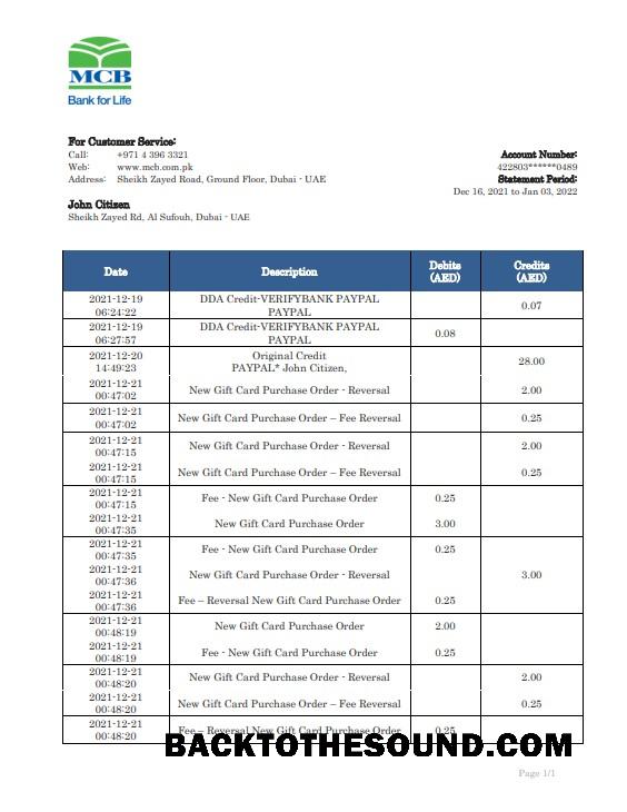 İndir Birleşik Arap Emirlikleri MCB Banka Hesap Özeti in Word and PDF Format Örnek tasarım
