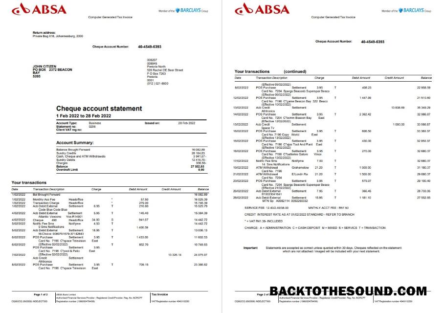 Profesyonel İndir Birleşik Krallık Absa Banka Hesap Özeti, Word and PDF Şablon, 2 pages Örnek