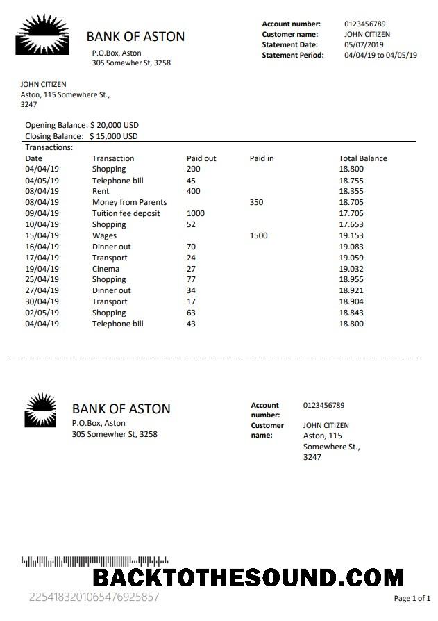 İndir Birleşik Krallık Banka of Aston Banka Hesap Özeti in Word and PDF Format, good for address prove Örnek ön izleme