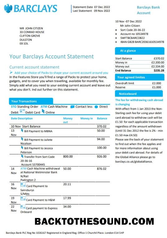 İndir Birleşik Krallık Barclays Banka Hesap Hesap Özeti in Word and PDF Format, Sürüm 1 Örnek şablon