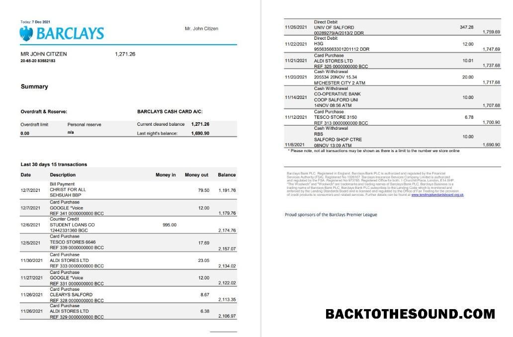 İndir Birleşik Krallık Barclays Banka Hesap Özeti in Excel and PDF Format, Sürüm 3 (2 pages) Örnek örnek