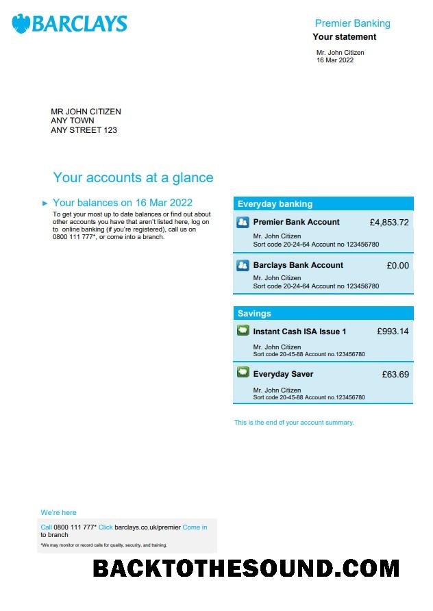 Gerçekçi İndir Birleşik Krallık Barclays Banka Hesap Özeti, Word and PDF Şablon, 4 pages, Sürüm 2 Örnek