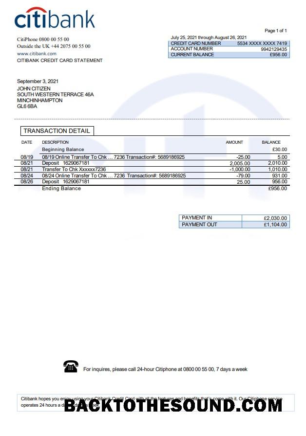 İndir Birleşik Krallık Citibank Banka Hesap Özeti in .doc and .PDF Format Örnek örnek
