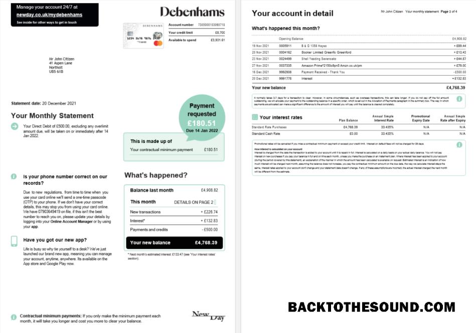 Düzenlenebilir İndir Birleşik Krallık Debenhams Kart monthly Hesap Özeti Word and PDF Şablon, 4 pages 1 2 Örnek