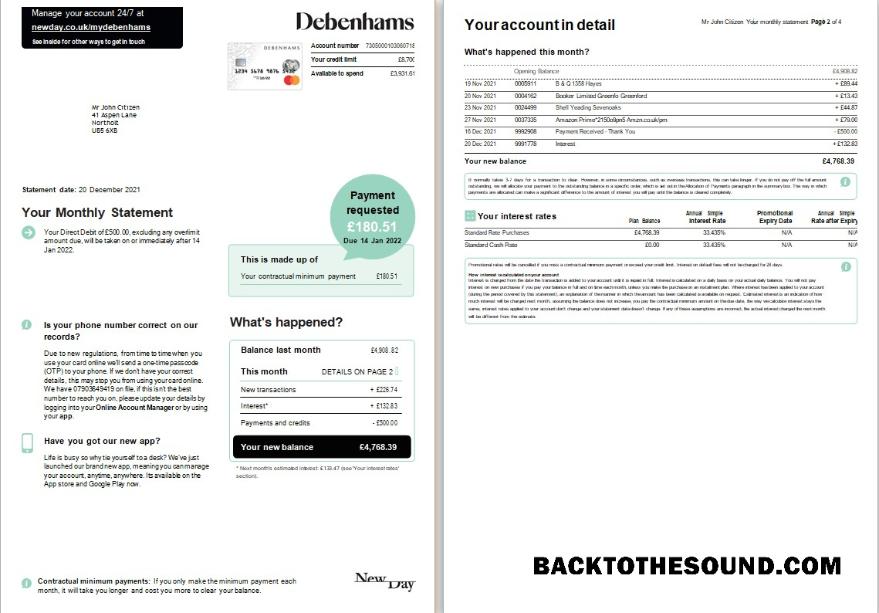 Premium İndir Birleşik Krallık Debenhams Kart monthly Hesap Özeti Word and PDF Şablon, 4 pages Örnek