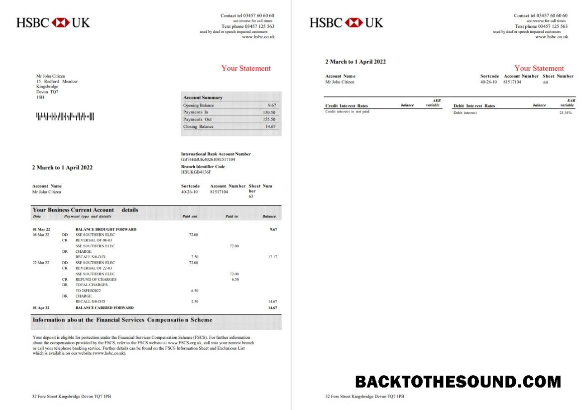 Profesyonel İndir Birleşik Krallık HSBC Banka Kurumsal Hesap Hesap Özeti Word and PDF Şablon, 3 pages Örnek