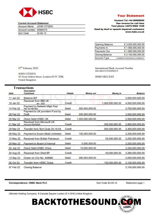 Premium İndir Birleşik Krallık HSBC Banka Hesap Özeti Word and PDF Şablon, Sürüm 2 Örnek