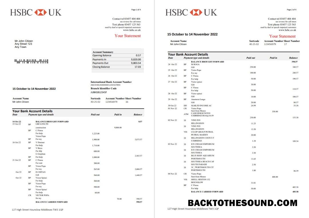 Yüksek Kalite İndir Birleşik Krallık HSBC Banka Hesap Özeti, Word and PDF Şablon, 5 pages Örnek