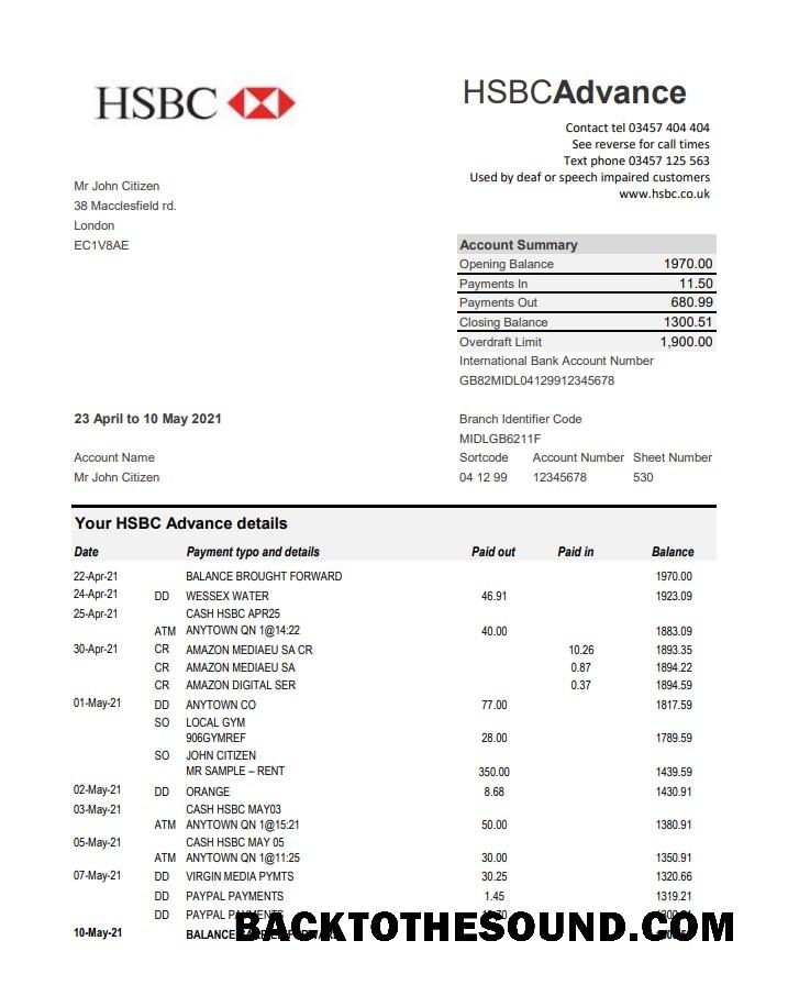 İndir Birleşik Krallık HSBC Excel PDF Örnek şablon