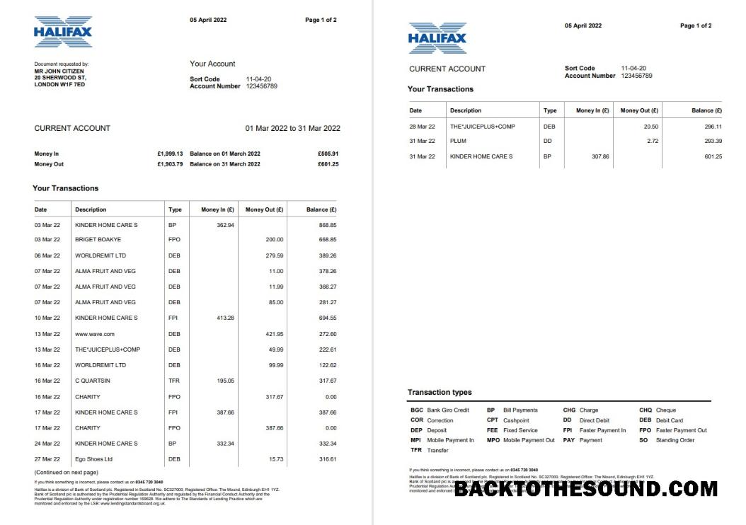 Gerçekçi İndir Birleşik Krallık Halifax Banka Hesap Özeti Word and PDF Şablon, 2 pages, Sürüm 2 Örnek