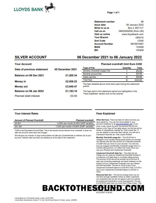 Yüksek Kalite İndir Birleşik Krallık Lloyds Banka Hesap Özeti Word and PDF Şablon, Sürüm 2 Örnek