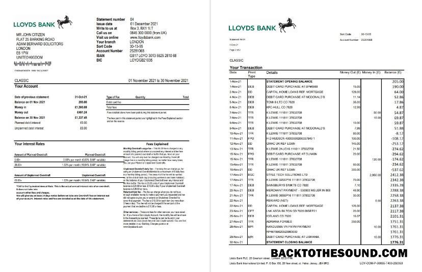 İndir Birleşik Krallık Lloyds Banka Hesap Özeti in Excel and PDF Format (2 pages) Örnek ön izleme