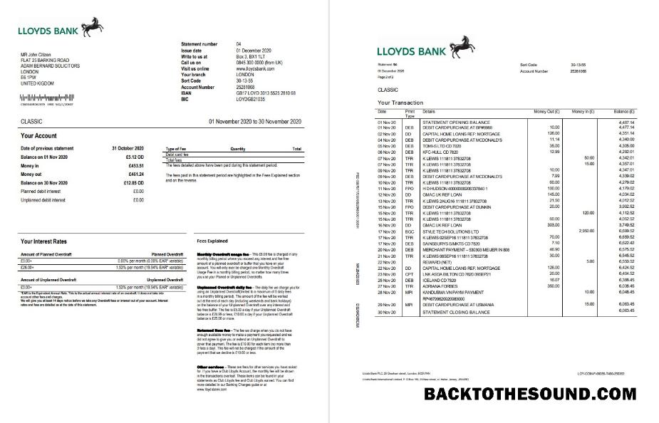 İndir Birleşik Krallık Lloyds Banka Hesap Özeti in Word and PDF Format, good for address prove (2 pages) Örnek ön izleme