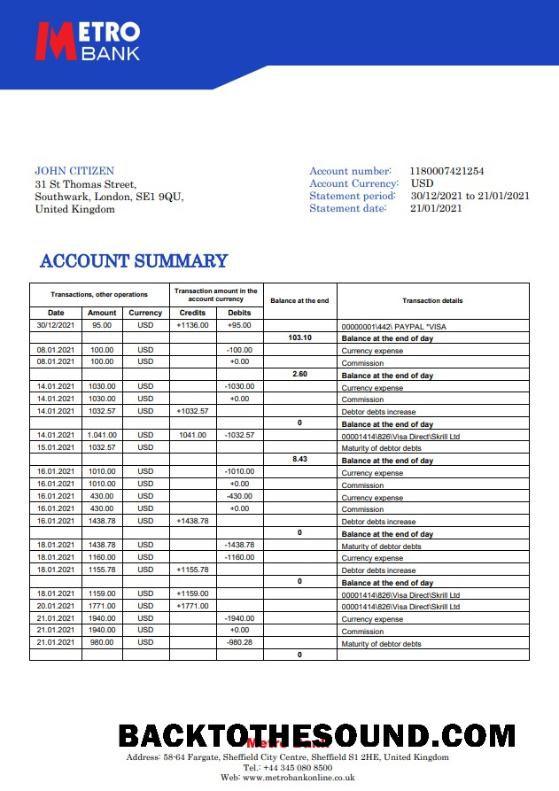 İndir Birleşik Krallık Metro Banka Hesap Özeti in Word and PDF Format Örnek taslak