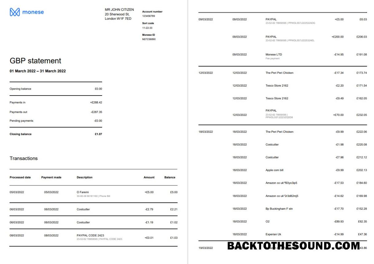 Yüksek Kalite İndir Birleşik Krallık Monese Banka Hesap Özeti Word and PDF Şablon, 3 pages Örnek