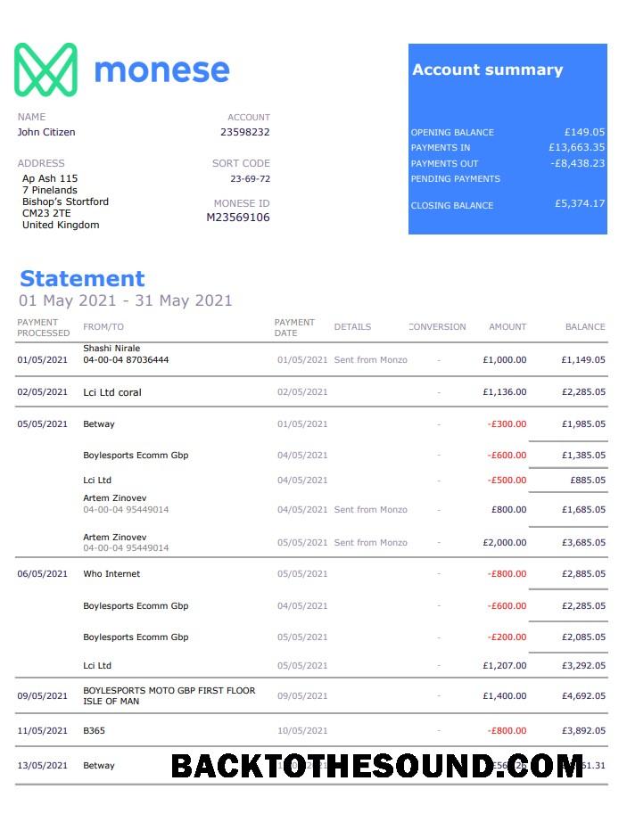 İndir Birleşik Krallık Monese Banka Hesap Özeti in Excel and PDF Format Örnek şablon