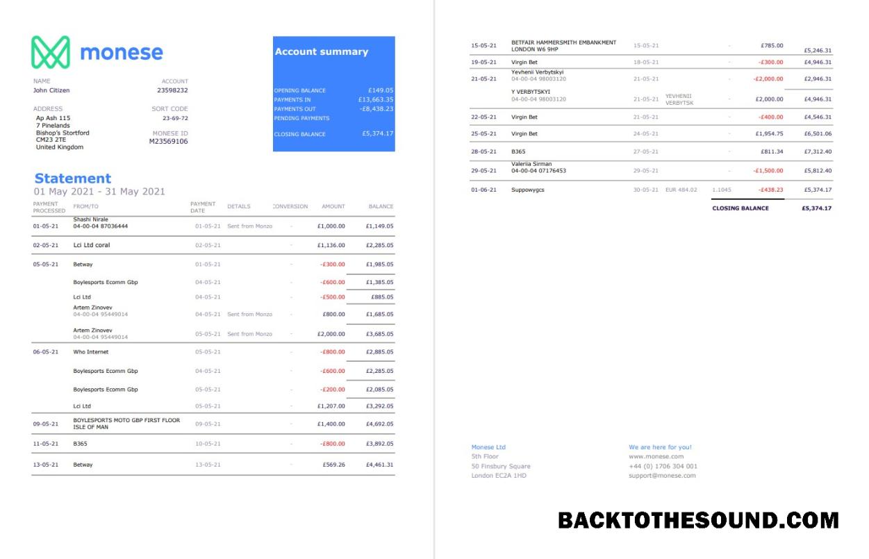 İndir Birleşik Krallık Monese Banka Hesap Özeti in Excel and PDF Format, 2 pages2 Örnek şablon