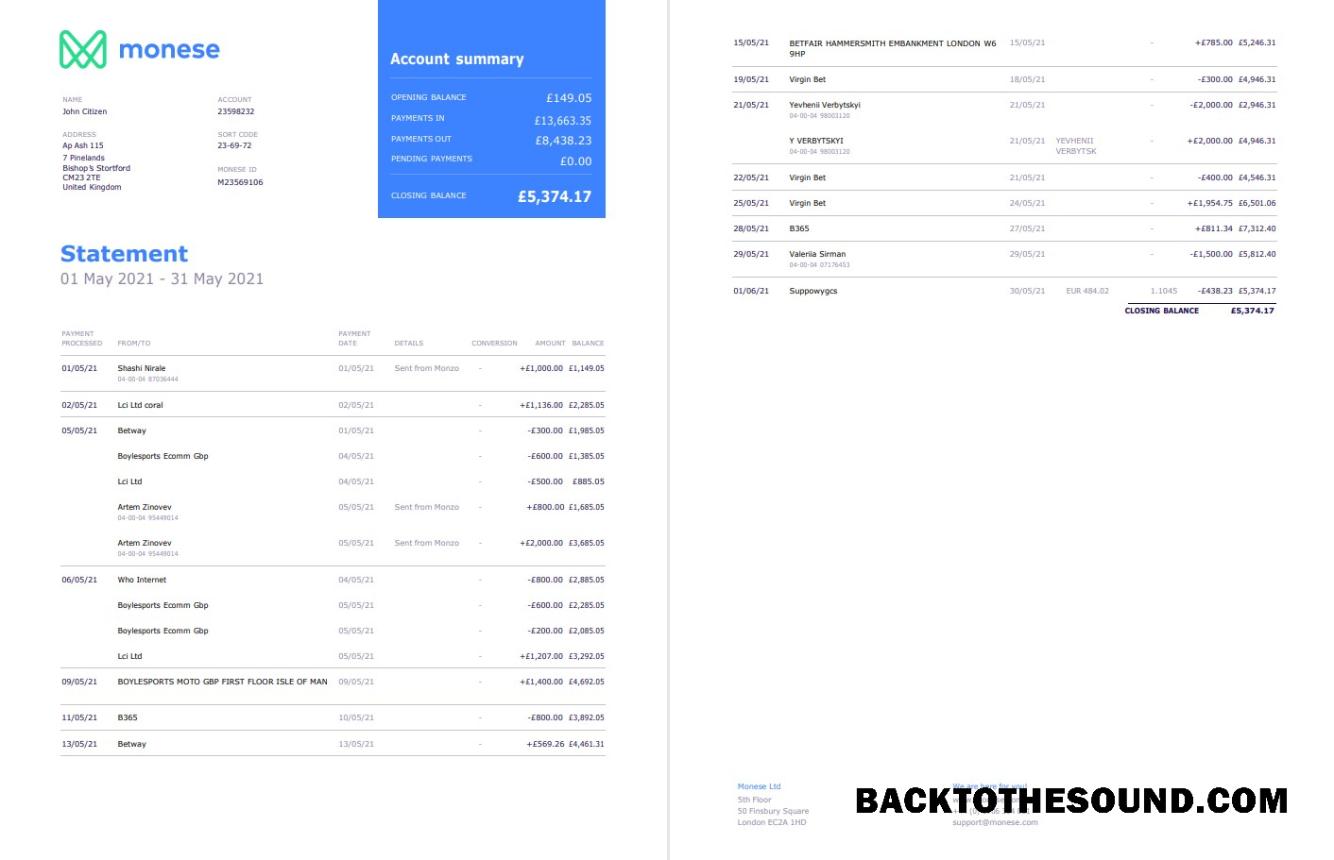 İndir Birleşik Krallık Monese Banka Hesap Özeti in Word and PDF Format, 2 pages Örnek örnek