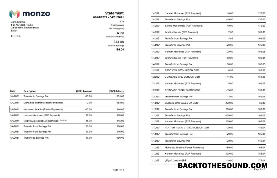 İndir Birleşik Krallık Monzo Banka Hesap Özeti in Excel and PDF Format (3 pages) Örnek şablon