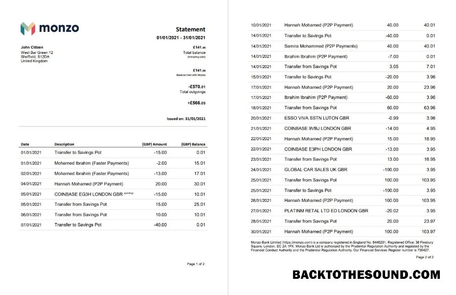 İndir Birleşik Krallık Monzo Banka Hesap Özeti in Word and PDF Format (3 pages), good for address prove Örnek taslak
