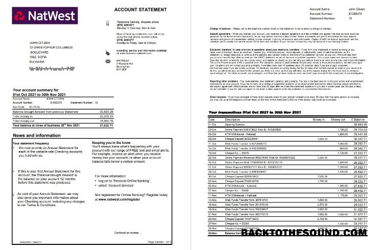 İndir Birleşik Krallık NatWest Banka Hesap Hesap Özeti in Excel and PDF Format, 2 pages Örnek şablon