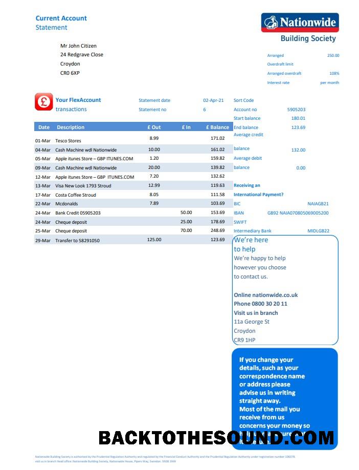 İndir Birleşik Krallık Nationwide Banka Hesap Özeti in Excel and PDF Dosya Format Örnek ön izleme