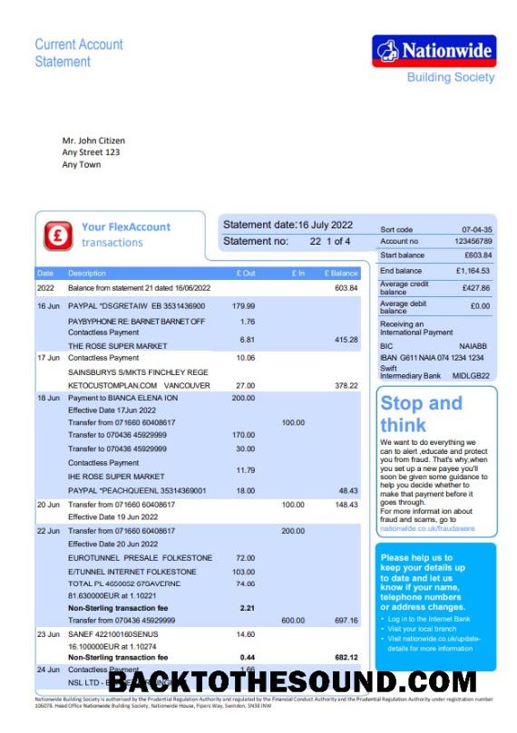 Profesyonel İndir Birleşik Krallık Nationwide Banka Hesap Özeti, Word and PDF Şablon, 5 pages, Sürüm 2 Örnek