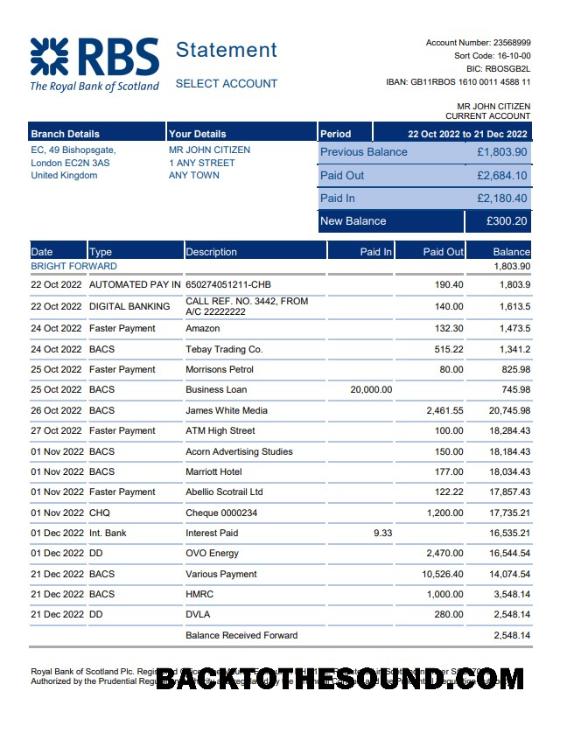 İndir Birleşik Krallık Royal Banka of İskoçya (RBS) Banka Hesap Özeti, Word and PDF Örnek şablon