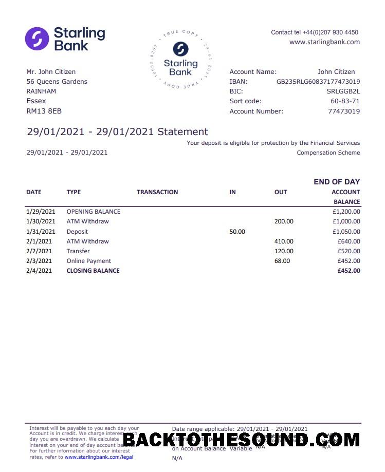 İndir Birleşik Krallık Starling Banka Hesap Özeti in .XLS and .PDF Dosya Format, good for address prove Örnek ön izleme