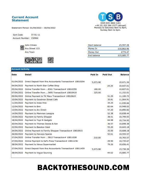 İndir Birleşik Krallık TSB Banka Hesap Özeti, Excel and PDF Örnek tasarım