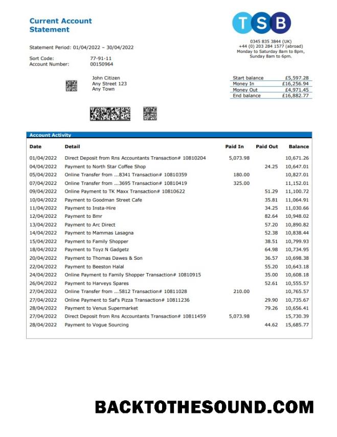 İndir Birleşik Krallık TSB Banka Hesap Özeti, Word and PDF Örnek tasarım
