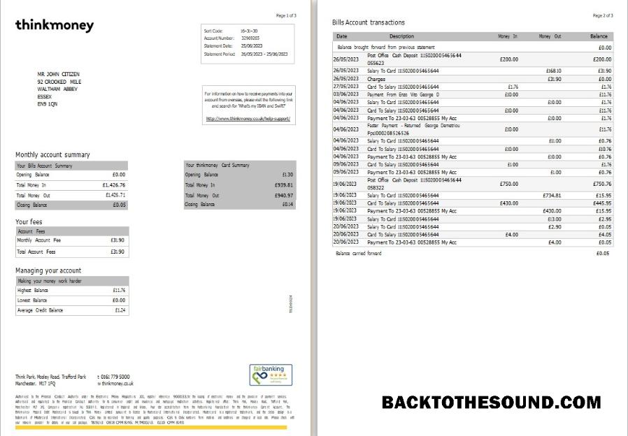 Profesyonel İndir Birleşik Krallık Think Money Banka Hesap Özeti Word and PDF Şablon, 3 pages Örnek