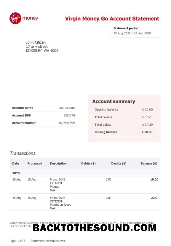 İndir Birleşik Krallık Virgin Money Go Hesap Banka Hesap Özeti Örnek ön izleme
