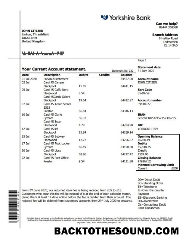 İndir Birleşik Krallık Yorkshire Banka Hesap Özeti in Word and PDF Format, good for address prove Örnek ön izleme