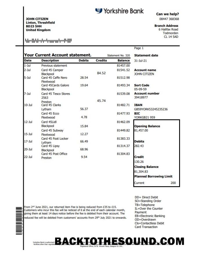 İndir Birleşik Krallık Yorkshire Banka Hesap Özeti easy to fill in Excel and PDF Format Örnek örnek
