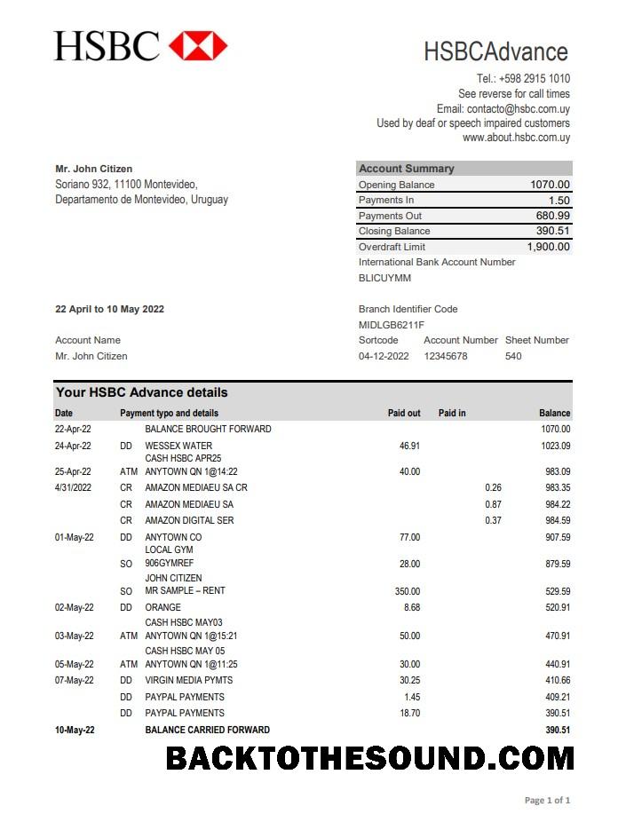 İndir Uruguay HSBC Banka Hesap Özeti Örnek şablon